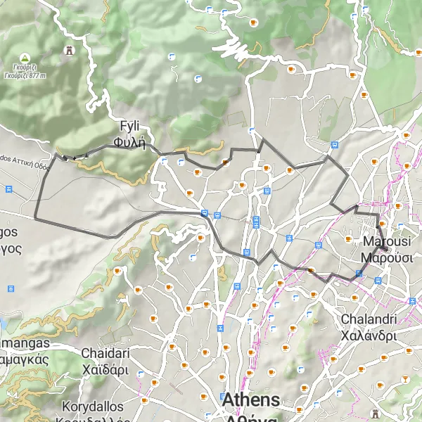 Map miniature of "Maroúsi - Kamatero - Ταμπούρι - Fyli - Πλάτωσι - Lykovrysi Route" cycling inspiration in Attiki, Greece. Generated by Tarmacs.app cycling route planner