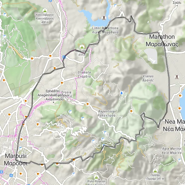Map miniature of "Nea Erythrea Road Loop" cycling inspiration in Attiki, Greece. Generated by Tarmacs.app cycling route planner
