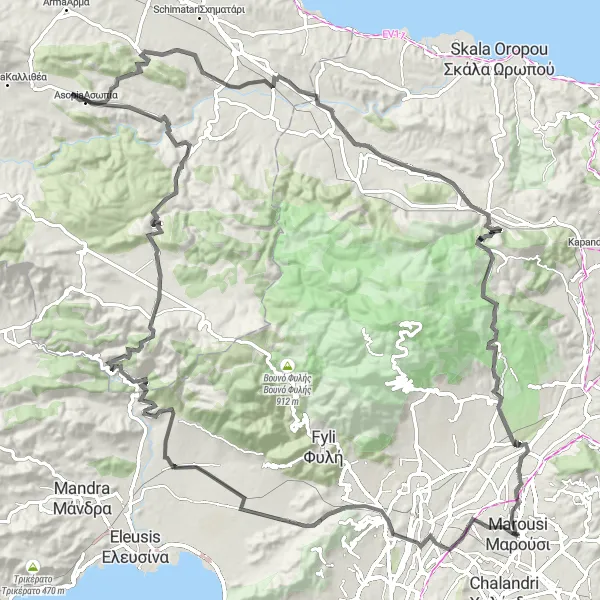 Map miniature of "Mountainous Challenge to Tanagra" cycling inspiration in Attiki, Greece. Generated by Tarmacs.app cycling route planner