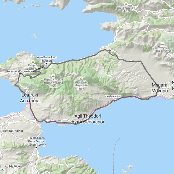 Map miniature of "Megara Coastal Route" cycling inspiration in Attiki, Greece. Generated by Tarmacs.app cycling route planner