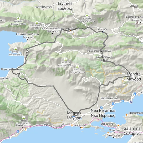Map miniature of "Megara to Psatha Coastal Ride" cycling inspiration in Attiki, Greece. Generated by Tarmacs.app cycling route planner