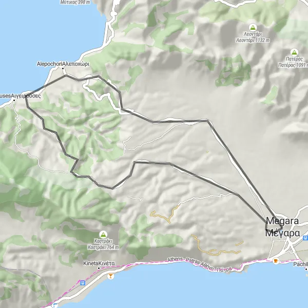 Map miniature of "Mégara-Αλεποχώρι-Μαύρο Βουνό-Megara-Απογιούρισμα-Άγιος Ιωάννης loop" cycling inspiration in Attiki, Greece. Generated by Tarmacs.app cycling route planner