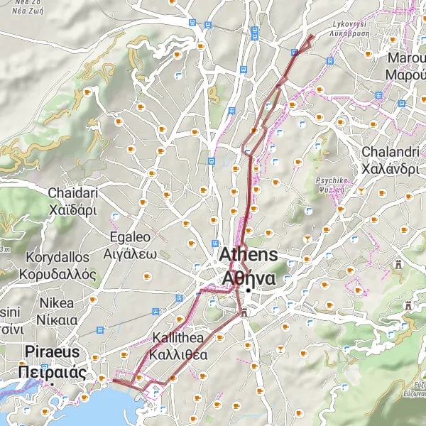 Map miniature of "Gravel Escape" cycling inspiration in Attiki, Greece. Generated by Tarmacs.app cycling route planner