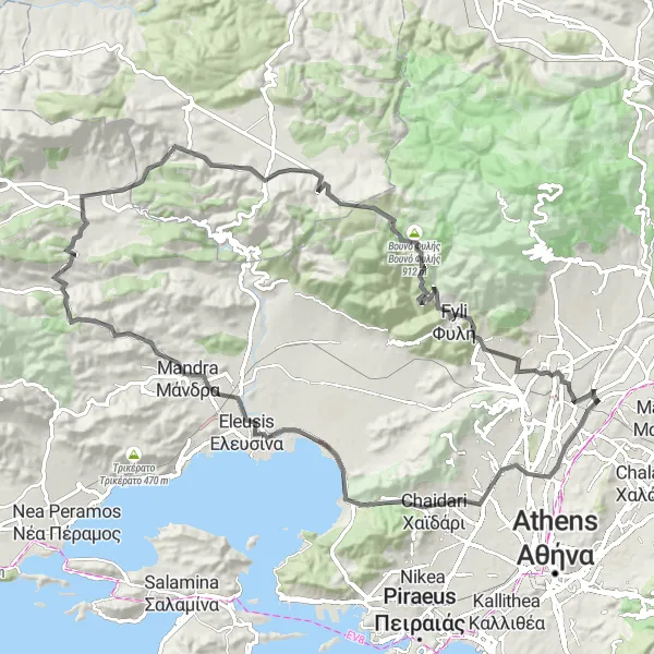Map miniature of "Mountaineering Odyssey" cycling inspiration in Attiki, Greece. Generated by Tarmacs.app cycling route planner
