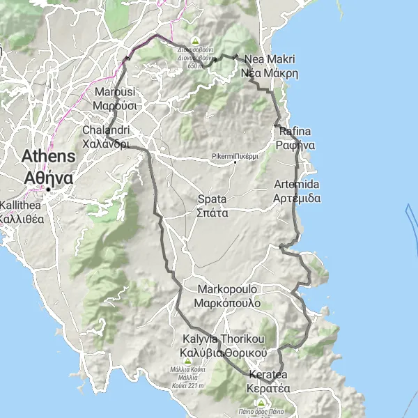 Map miniature of "Marathonas - Rafina Circuit" cycling inspiration in Attiki, Greece. Generated by Tarmacs.app cycling route planner