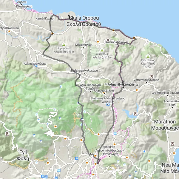 Map miniature of "Varympompi and Skala Oropou Loop" cycling inspiration in Attiki, Greece. Generated by Tarmacs.app cycling route planner
