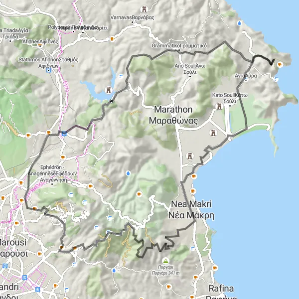 Map miniature of "Agios Stefanos - Nea Makri Loop" cycling inspiration in Attiki, Greece. Generated by Tarmacs.app cycling route planner