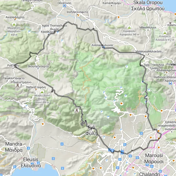 Map miniature of "Acharnes Railway Center and Agios Thomas Loop" cycling inspiration in Attiki, Greece. Generated by Tarmacs.app cycling route planner
