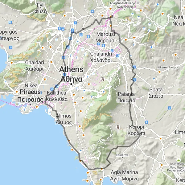 Map miniature of "Nea Erythraia - A scenic road route with cultural highlights" cycling inspiration in Attiki, Greece. Generated by Tarmacs.app cycling route planner