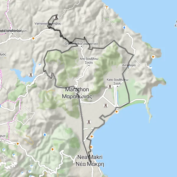 Map miniature of "Mountainous Marathon" cycling inspiration in Attiki, Greece. Generated by Tarmacs.app cycling route planner