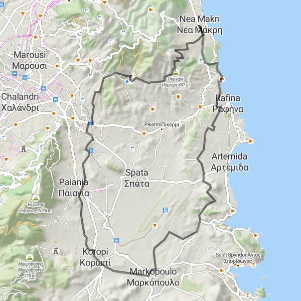 Map miniature of "Coastal Road Adventure" cycling inspiration in Attiki, Greece. Generated by Tarmacs.app cycling route planner