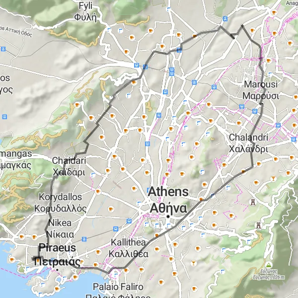 Map miniature of "Níkaia to Stavros Niarchos Foundation Cultural Center" cycling inspiration in Attiki, Greece. Generated by Tarmacs.app cycling route planner