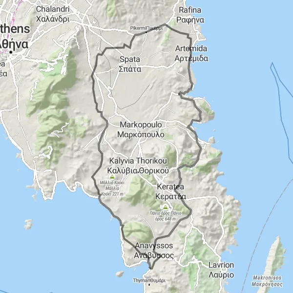 Map miniature of "Saronis-Salamina Loop" cycling inspiration in Attiki, Greece. Generated by Tarmacs.app cycling route planner