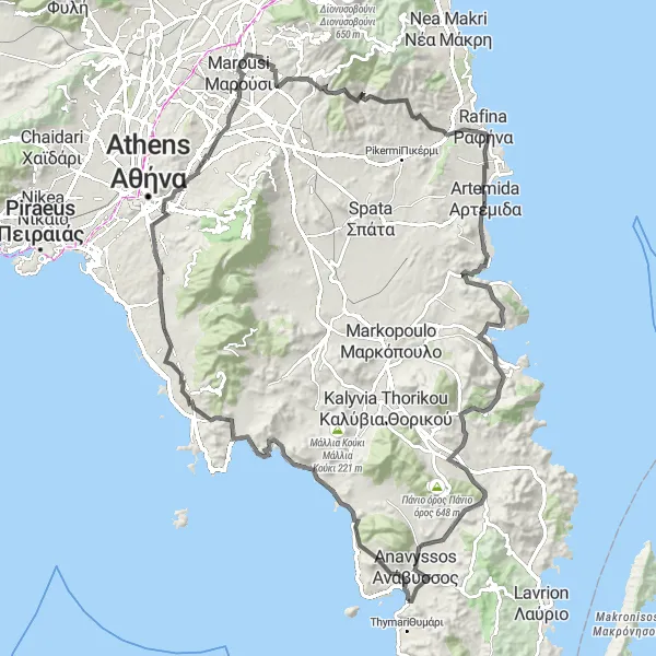 Map miniature of "Attiki Epic Gravel Loop" cycling inspiration in Attiki, Greece. Generated by Tarmacs.app cycling route planner