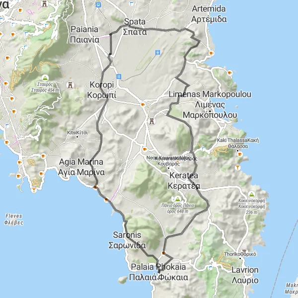 Map miniature of "Agios Dimitrios-Spata Loop" cycling inspiration in Attiki, Greece. Generated by Tarmacs.app cycling route planner