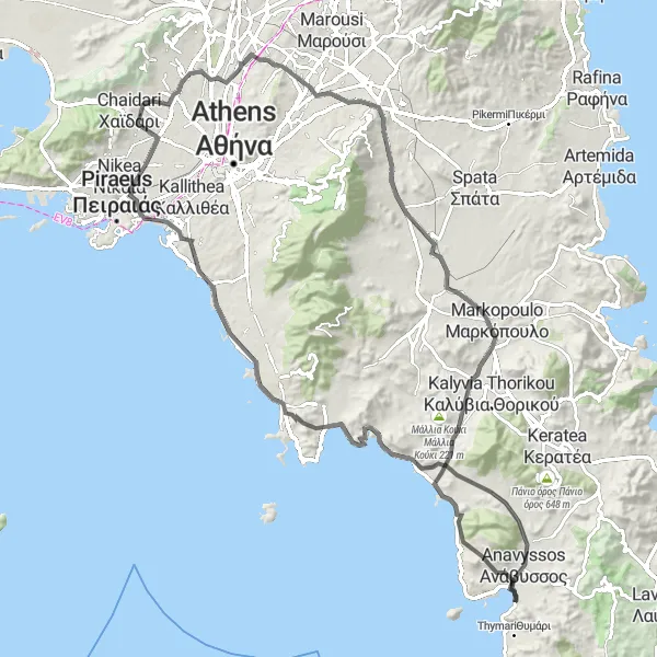 Map miniature of "Anavyssos-Stavros Niarchos Loop" cycling inspiration in Attiki, Greece. Generated by Tarmacs.app cycling route planner