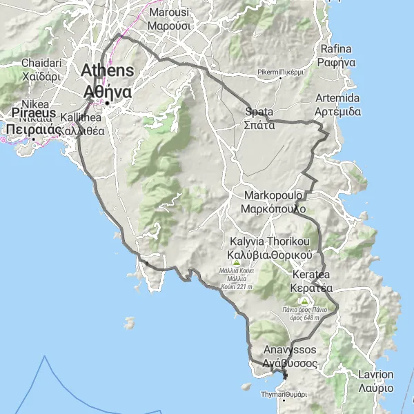 Map miniature of "Scenic Round Trip along the Athenian Coastline" cycling inspiration in Attiki, Greece. Generated by Tarmacs.app cycling route planner