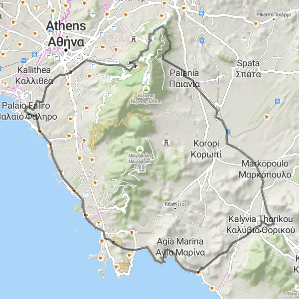 Map miniature of "Linear Athens Ride" cycling inspiration in Attiki, Greece. Generated by Tarmacs.app cycling route planner