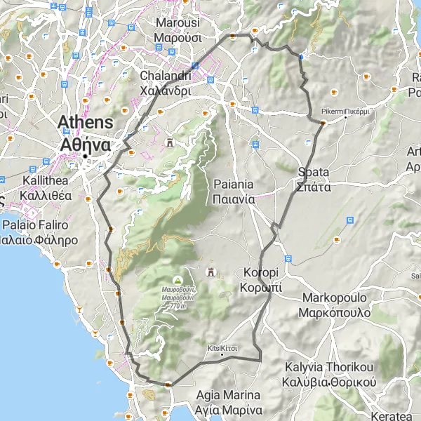 Map miniature of "Penteli - Neo Psychiko Loop" cycling inspiration in Attiki, Greece. Generated by Tarmacs.app cycling route planner