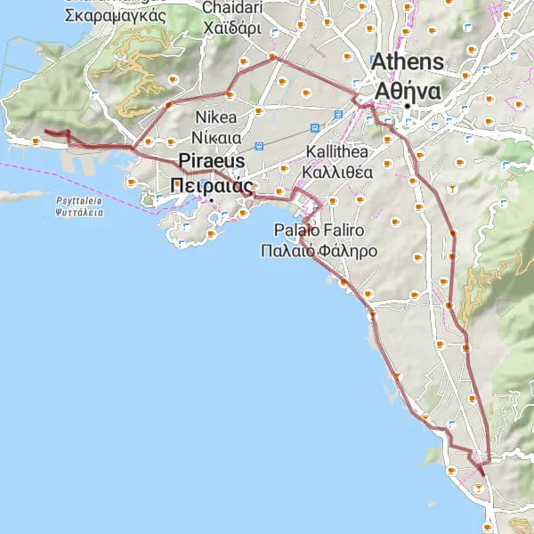 Map miniature of "Coastal Gravel Adventure" cycling inspiration in Attiki, Greece. Generated by Tarmacs.app cycling route planner
