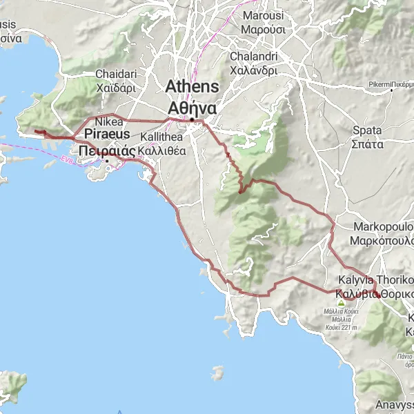 Map miniature of "Scenic Gravel Adventure" cycling inspiration in Attiki, Greece. Generated by Tarmacs.app cycling route planner