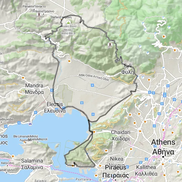 Map miniature of "Round-trip Cycling Route from Pérama to Μεγάλο Προσήλιο" cycling inspiration in Attiki, Greece. Generated by Tarmacs.app cycling route planner