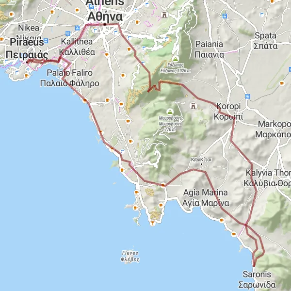 Map miniature of "Scenic Gravel Ride to Athens" cycling inspiration in Attiki, Greece. Generated by Tarmacs.app cycling route planner