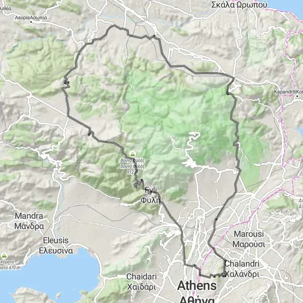 Map miniature of "Rugged Landscapes" cycling inspiration in Attiki, Greece. Generated by Tarmacs.app cycling route planner