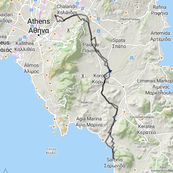 Map miniature of "Coastal Escape" cycling inspiration in Attiki, Greece. Generated by Tarmacs.app cycling route planner