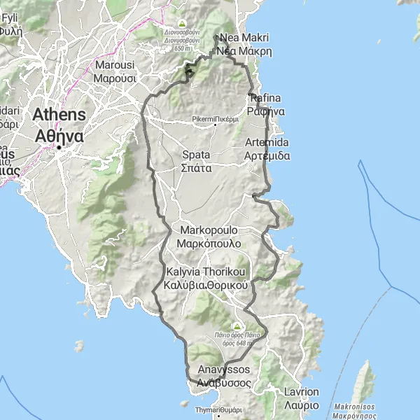 Map miniature of "Saronida to Saronis and the surrounding countryside" cycling inspiration in Attiki, Greece. Generated by Tarmacs.app cycling route planner