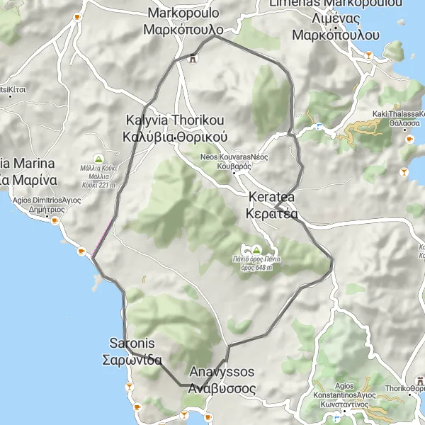 Map miniature of "Saronída to Keratea Loop" cycling inspiration in Attiki, Greece. Generated by Tarmacs.app cycling route planner