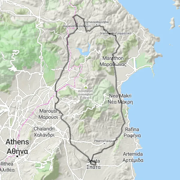 Map miniature of "Spáta – Τουρκοβούνι" cycling inspiration in Attiki, Greece. Generated by Tarmacs.app cycling route planner