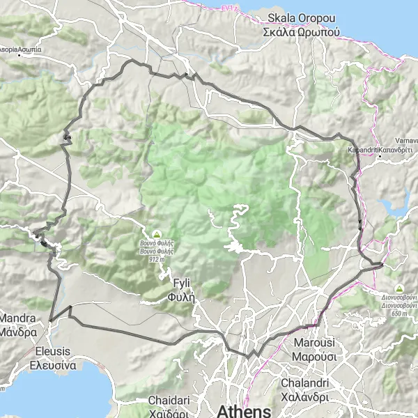 Map miniature of "A Scenic Ride through Attiki" cycling inspiration in Attiki, Greece. Generated by Tarmacs.app cycling route planner