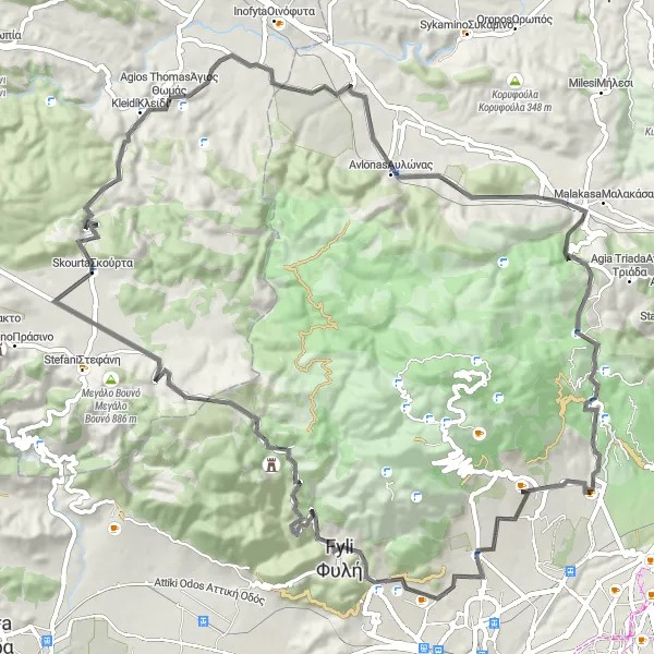 Map miniature of "Mountainous Adventure: Discover Skourta and Varympompi" cycling inspiration in Attiki, Greece. Generated by Tarmacs.app cycling route planner