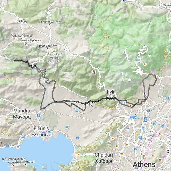 Map miniature of "Thrakomakedones - Korakofoleza Scenic Route" cycling inspiration in Attiki, Greece. Generated by Tarmacs.app cycling route planner