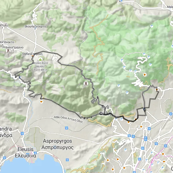 Map miniature of "Thrakomakedones - Fyli Loop" cycling inspiration in Attiki, Greece. Generated by Tarmacs.app cycling route planner