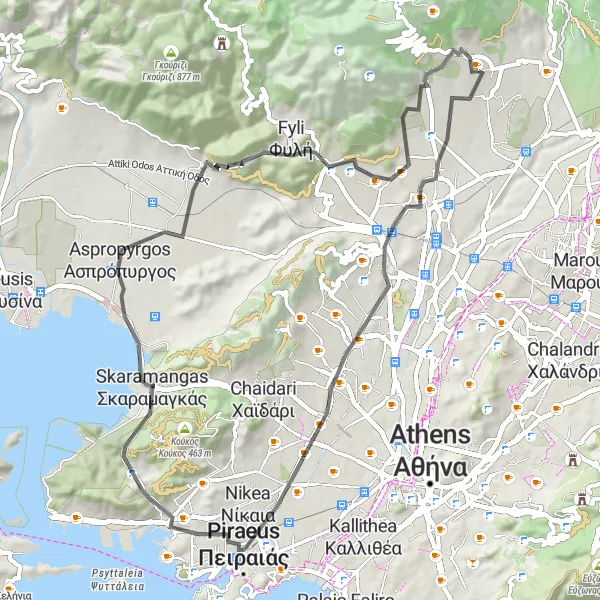 Map miniature of "Thrakomakedones - Korakofoleza Coastal Ride" cycling inspiration in Attiki, Greece. Generated by Tarmacs.app cycling route planner