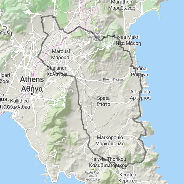 Map miniature of "Mountaineous Thrakomakedones" cycling inspiration in Attiki, Greece. Generated by Tarmacs.app cycling route planner