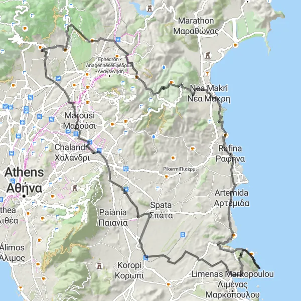 Map miniature of "Thrakomakedones - Marousi Circular Route" cycling inspiration in Attiki, Greece. Generated by Tarmacs.app cycling route planner