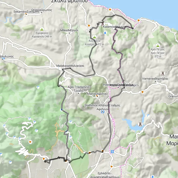 Map miniature of "Discover the Charm of Kilkis and Varympompi" cycling inspiration in Attiki, Greece. Generated by Tarmacs.app cycling route planner