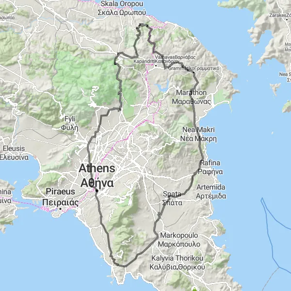 Map miniature of "Vari to Kontra Gkiate Legendary Road Ride" cycling inspiration in Attiki, Greece. Generated by Tarmacs.app cycling route planner