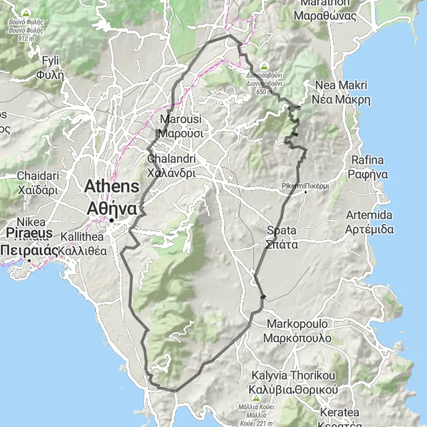 Map miniature of "Vári to Παλάτι Road Route" cycling inspiration in Attiki, Greece. Generated by Tarmacs.app cycling route planner