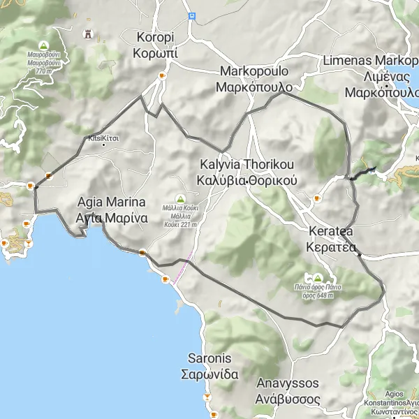 Map miniature of "Vári to Κόντρα Γκλιάτε Road Route" cycling inspiration in Attiki, Greece. Generated by Tarmacs.app cycling route planner