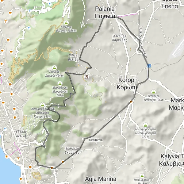 Map miniature of "Vari to Paiania Road Ride" cycling inspiration in Attiki, Greece. Generated by Tarmacs.app cycling route planner