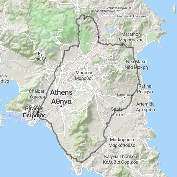 Map miniature of "Athens Highlights and Nature Tour" cycling inspiration in Attiki, Greece. Generated by Tarmacs.app cycling route planner
