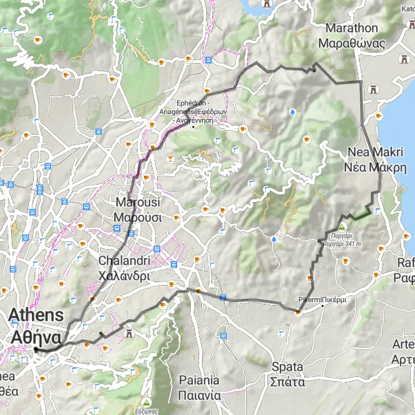Map miniature of "Výronas - Athens - Nea Erythrea - Pallini" cycling inspiration in Attiki, Greece. Generated by Tarmacs.app cycling route planner