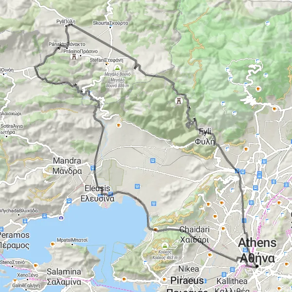 Map miniature of "The Athenian Mountain Circuit" cycling inspiration in Attiki, Greece. Generated by Tarmacs.app cycling route planner