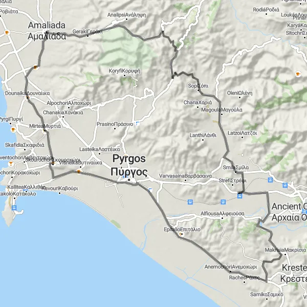 Map miniature of "The Karatoulas Loop" cycling inspiration in Dytiki Elláda, Greece. Generated by Tarmacs.app cycling route planner