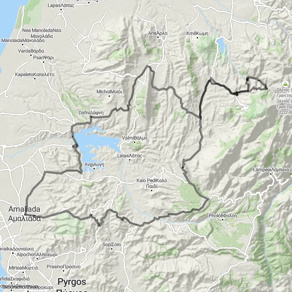 Map miniature of "The Climbers' Trail" cycling inspiration in Dytiki Elláda, Greece. Generated by Tarmacs.app cycling route planner