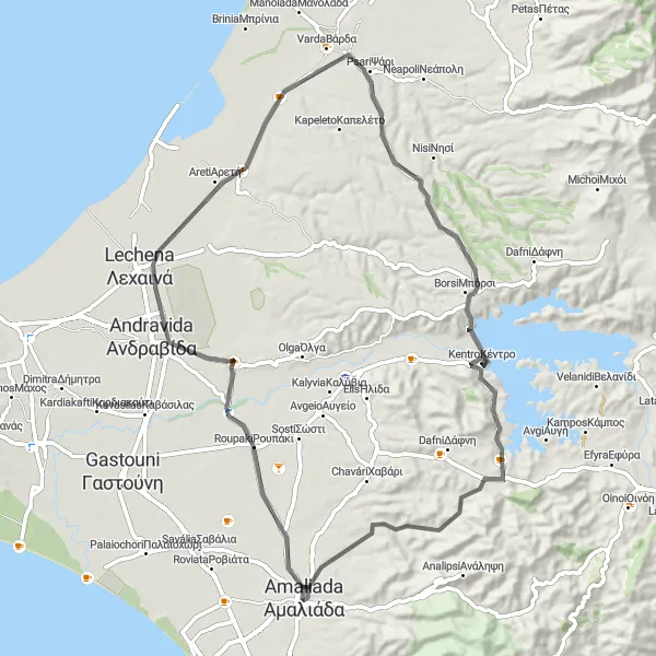 Map miniature of "Amaliada to Andravida" cycling inspiration in Dytiki Elláda, Greece. Generated by Tarmacs.app cycling route planner